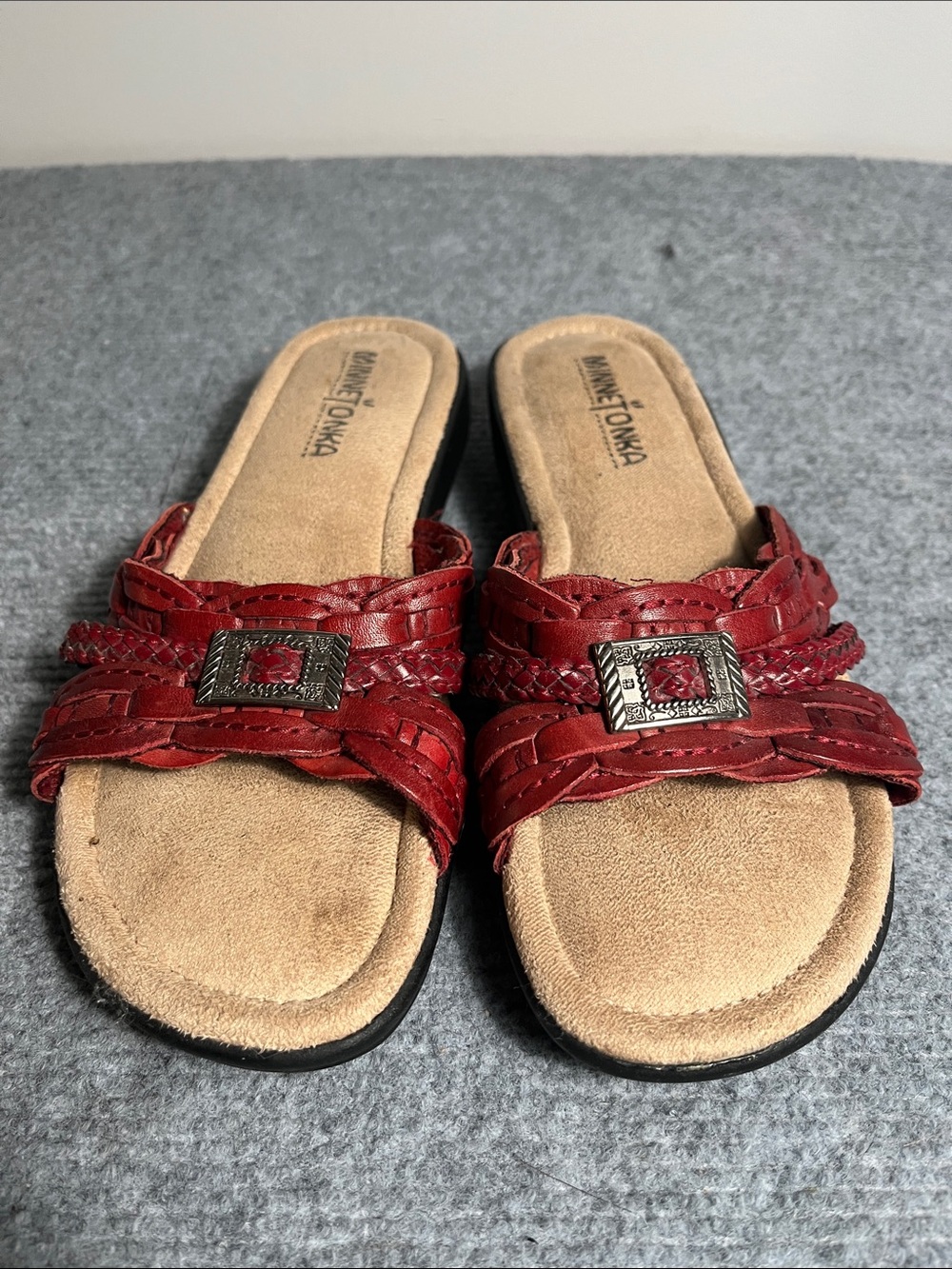 Minnetonka Red Braided Slide Mules with Decorative Buckle